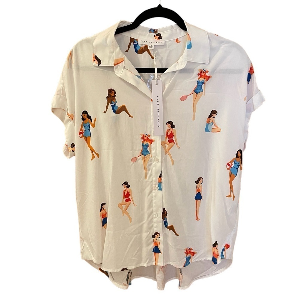 Jane + Delancy Blouse, Size M, Short Sleeves, Button-Up, Bathing Suit Print